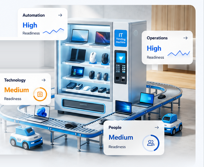 Teceze IT vending machine with automated conveyor and robotics, showing live Automation, Technology, Operations and People readiness insights